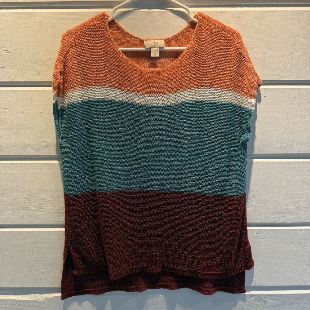 LOFT Sleeveless Loose Knit Sweater Pink, Green, Burgundy Ribbed Bottom - Medium